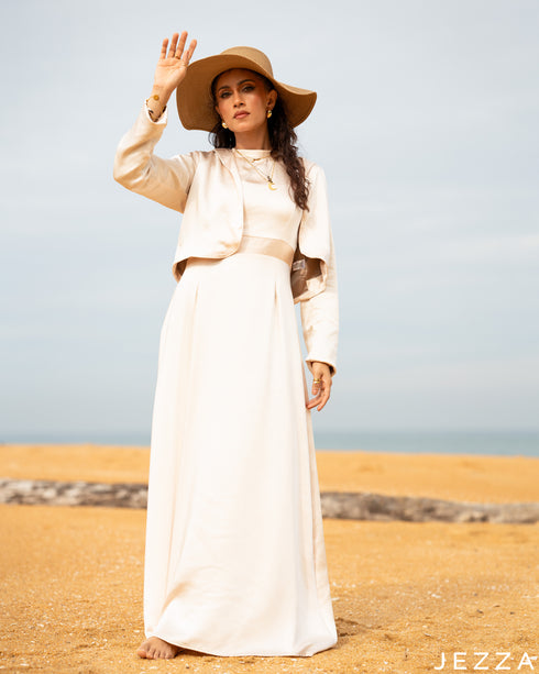 Sleeveless Satin Dress with Long-Sleeve Overtop 58381